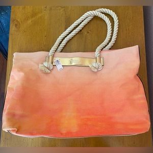Victoria’s Secret Pink Coral Beach Bag Tote Overnight Travel Rope Gold NWT $58